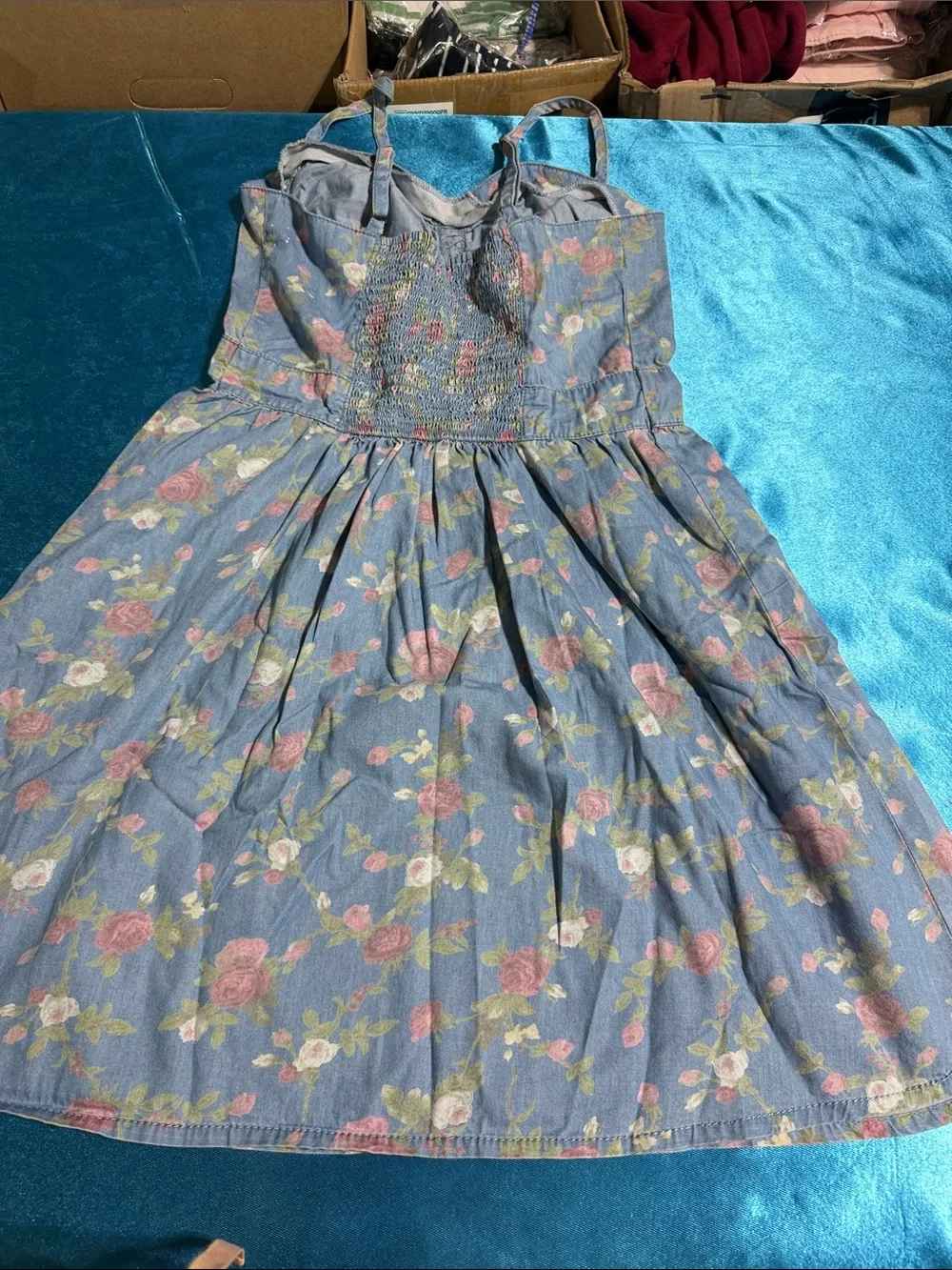 Tinseltown Chambray Floral Button-Front Sundress in Blue and Pink